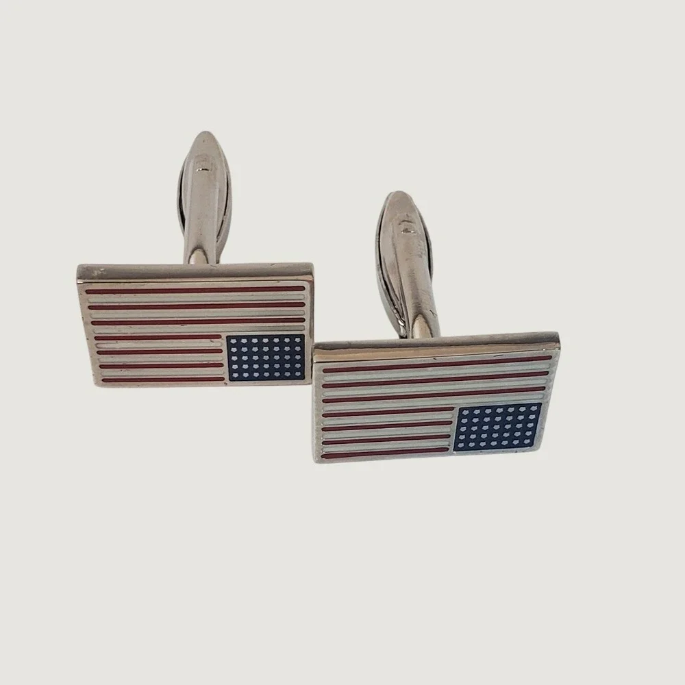 Mens American Flag Cufflinks Silver Tone Red White Blue Enamel Patriotic USA